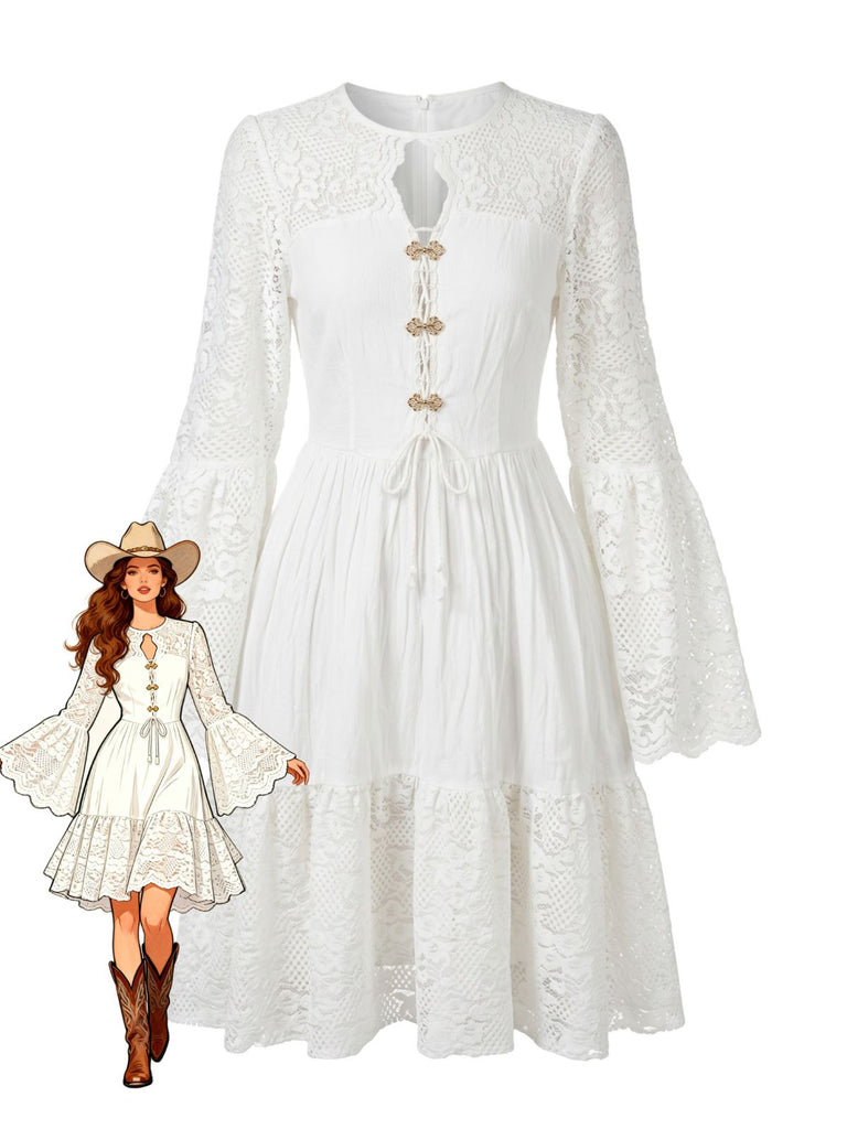 Abito Bianco Bohemian in Cotone con Pizzo Maniche a Campana Anni '70