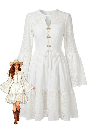Abito Bianco Bohemian in Cotone con Pizzo Maniche a Campana Anni '70