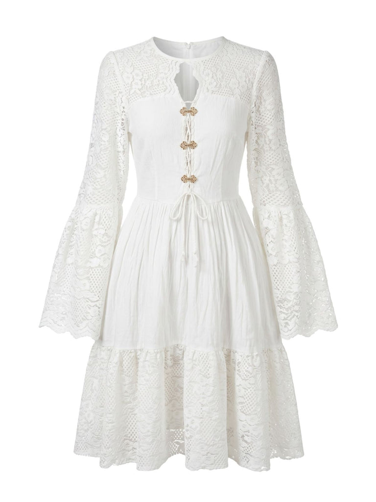Abito Bianco Bohemian in Cotone con Pizzo Maniche a Campana Anni '70 2
