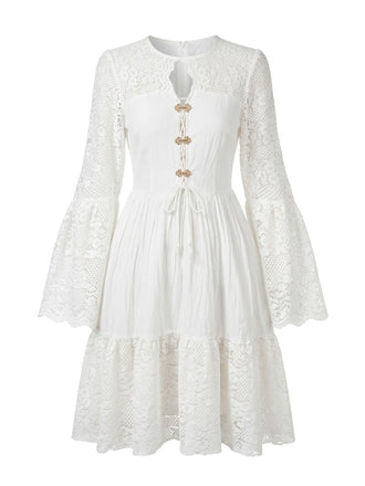 Abito Bianco Bohemian in Cotone con Pizzo Maniche a Campana Anni '70 2