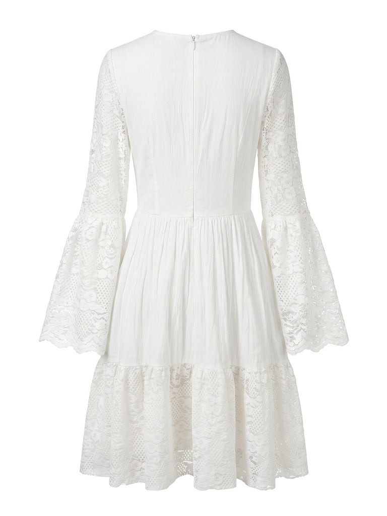 Abito Bianco Bohemian in Cotone con Pizzo Maniche a Campana Anni '70 3