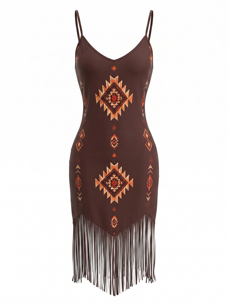 Brown 1960s Vintage V Neck Spaghetti Strap Dress 1
