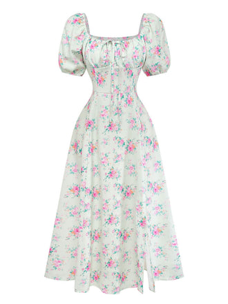Abito Verde Floreale Ditsy Maniche a Sbuffo con Spacco Laterale Anni '50 2