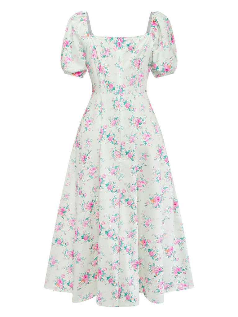 Abito Verde Floreale Ditsy Maniche a Sbuffo con Spacco Laterale Anni '50 3