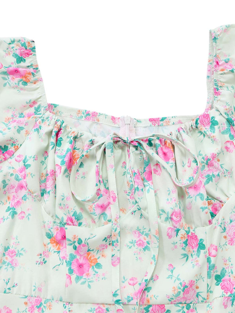 Abito Verde Floreale Ditsy Maniche a Sbuffo con Spacco Laterale Anni '50 4