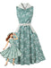 Abito Grigio Verde Floreale Scollo a V con Cintura Anni '50