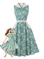 Abito Grigio Verde Anni '50 Floreale con Cintura e Scollo a V