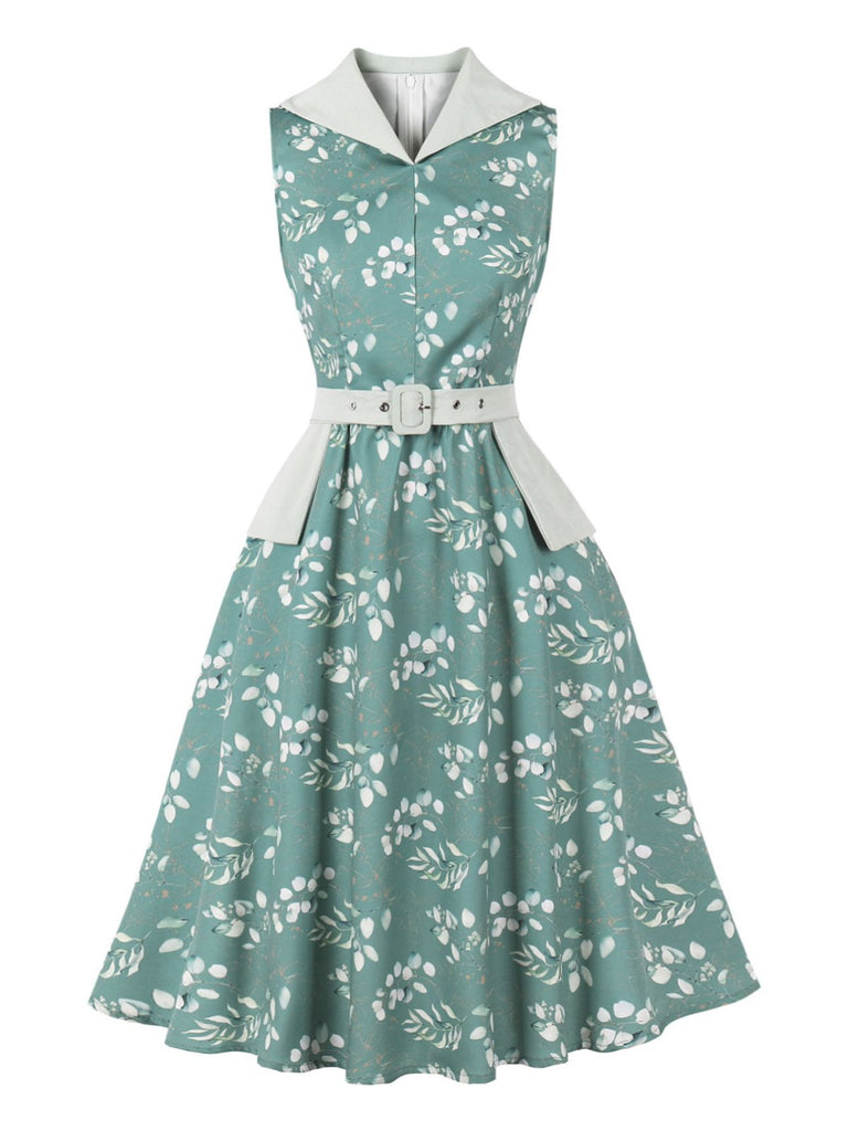 Abito Grigio Verde Floreale Scollo a V con Cintura Anni '50 2
