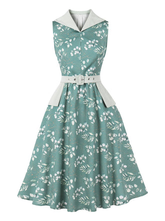 Abito Grigio Verde Floreale Scollo a V con Cintura Anni '50 2