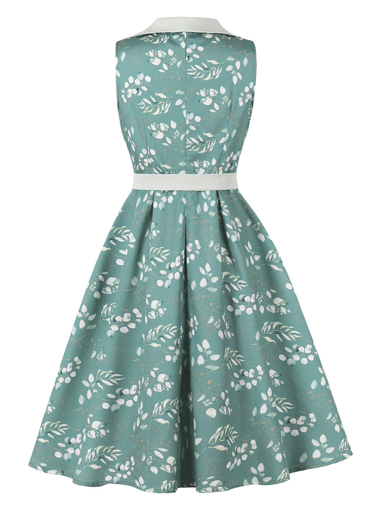 Abito Grigio Verde Floreale Scollo a V con Cintura Anni '50 3