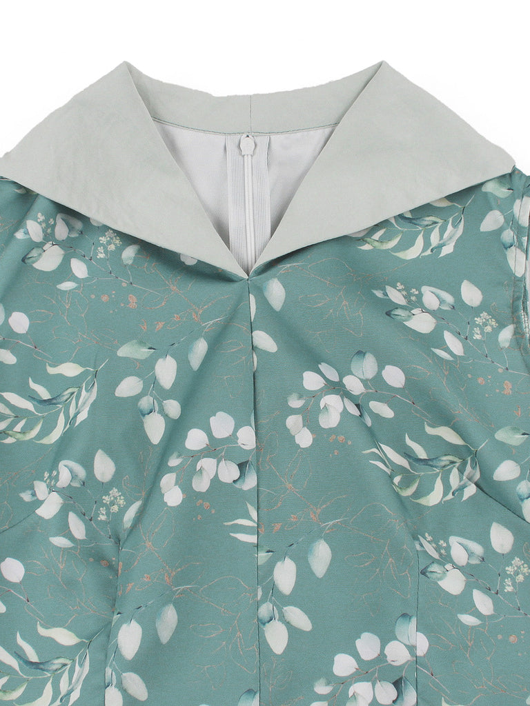 Abito Grigio Verde Floreale Scollo a V con Cintura Anni '50 4