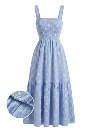 Abito Midi Azzurro con Ricamo Margherite e Arricciatura Anni '50