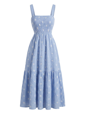 Abito Midi Azzurro con Ricamo Margherite e Arricciatura Anni '50 2