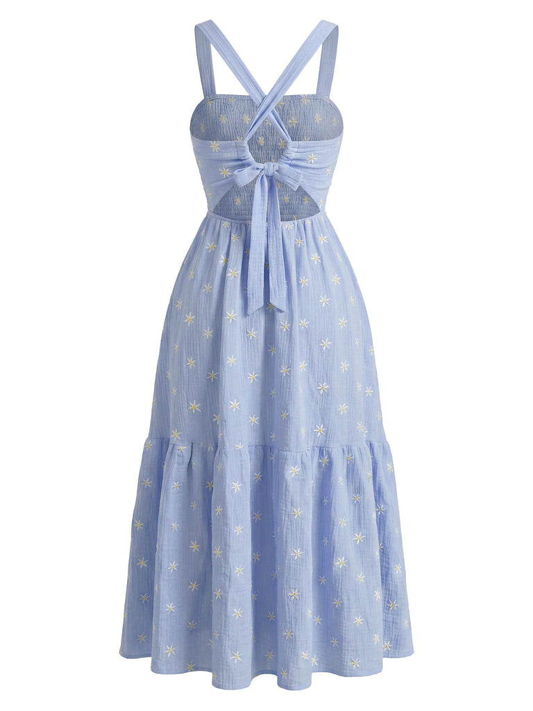 Abito Midi Azzurro con Ricamo Margherite e Arricciatura Anni '50 3
