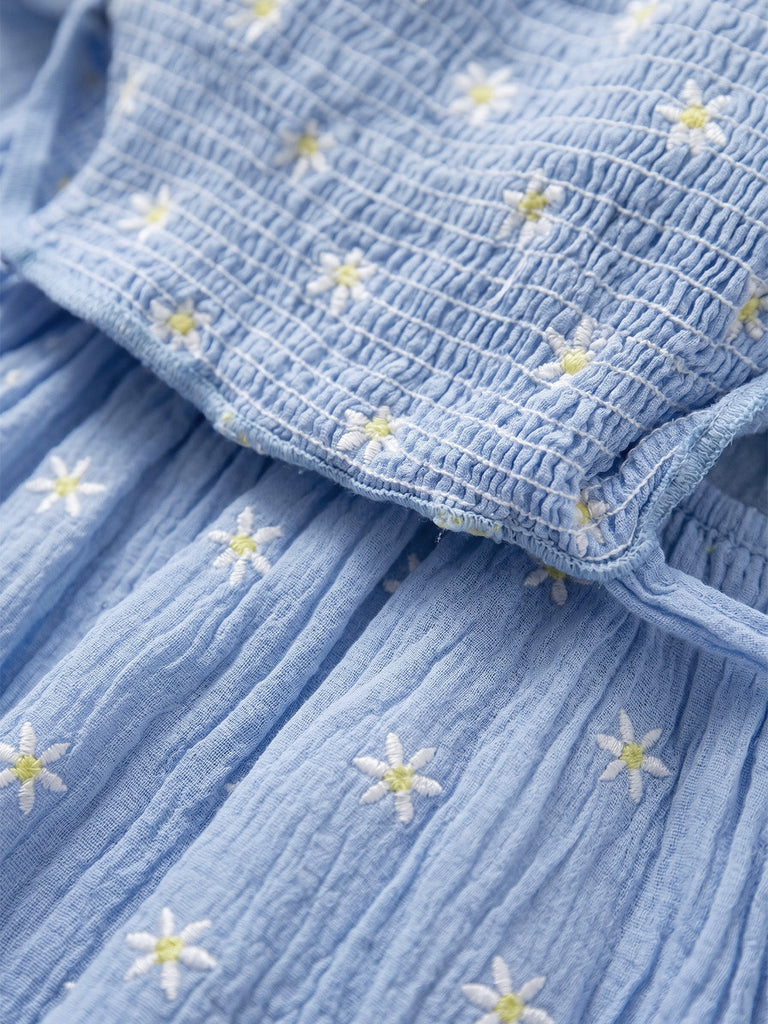 Abito Midi Azzurro con Ricamo Margherite e Arricciatura Anni '50 4