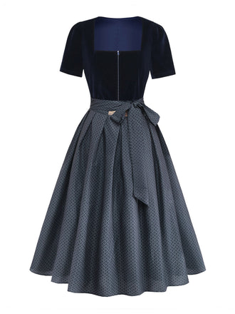 2PCS Abito Blu Anni '50 in Velluto e Grembiule a Pois con Scollo Quadrato