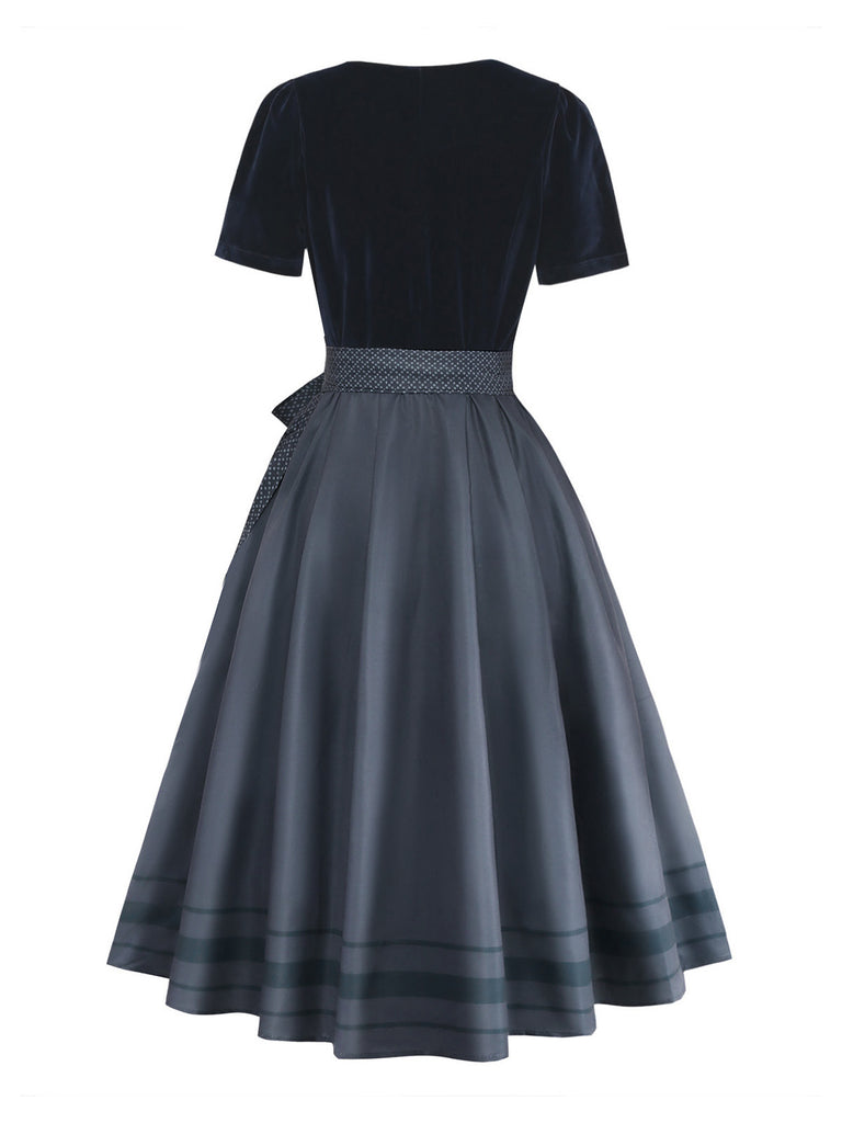 2PCS Abito Blu Anni '50 in Velluto e Grembiule a Pois con Scollo Quadrato