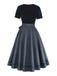 2PCS Abito Blu Anni '50 in Velluto e Grembiule a Pois con Scollo Quadrato