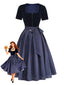 2PCS Abito Blu Anni '50 in Velluto e Grembiule a Pois con Scollo Quadrato