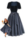 2PCS Abito Blu Anni '50 in Velluto e Grembiule a Pois con Scollo Quadrato