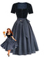 2PCS Abito Blu Anni '50 in Velluto e Grembiule a Pois con Scollo Quadrato
