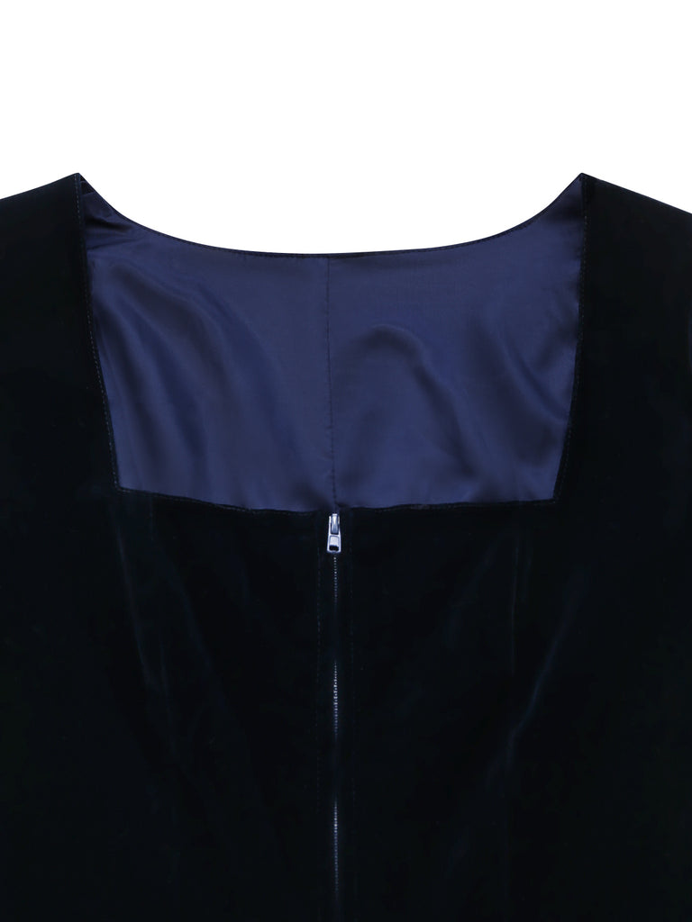 2PCS Abito Blu Anni '50 in Velluto e Grembiule a Pois con Scollo Quadrato