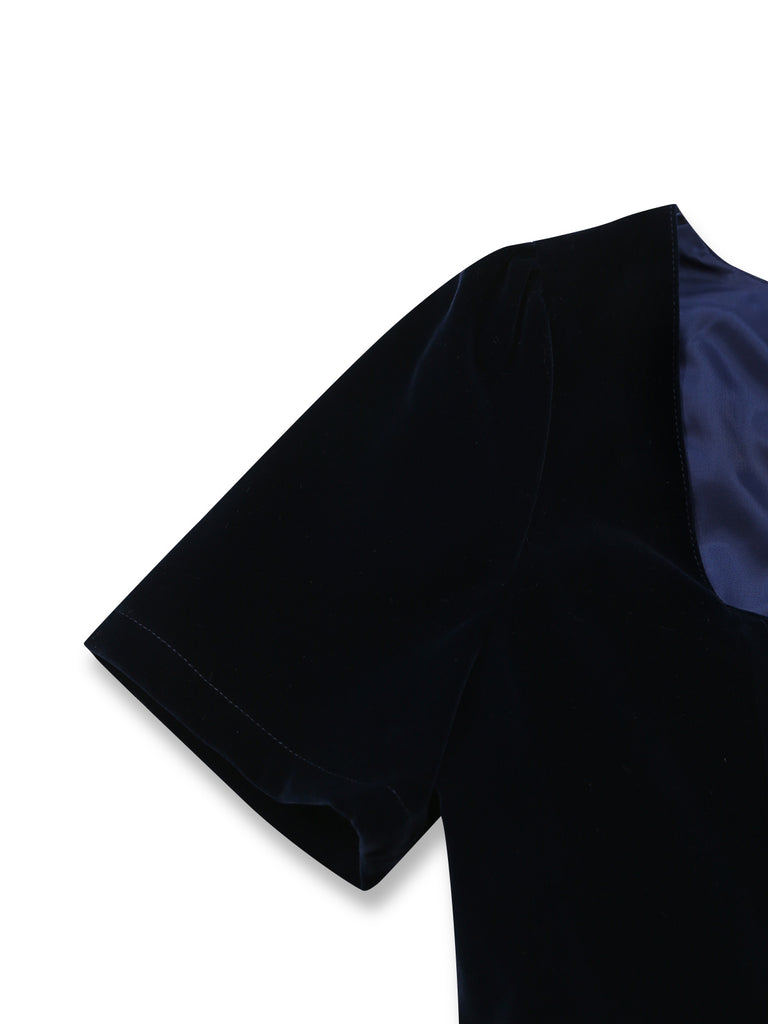 2PCS Abito Blu Anni '50 in Velluto e Grembiule a Pois con Scollo Quadrato