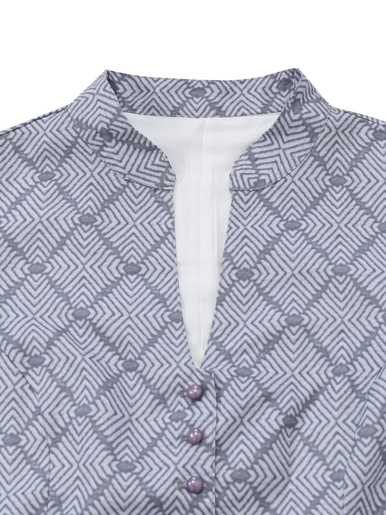 2PCS Abito Grigio con Colletto alla Coreana Stampa Geometrica e Grembiule Anni '50 3