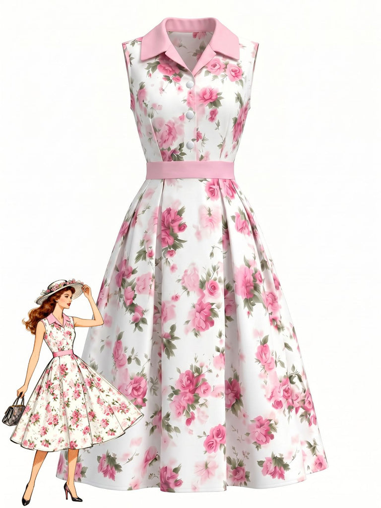 Abito Svasato Senza Maniche con Revers e Bottoni Stampa Rose Rosa Anni '50