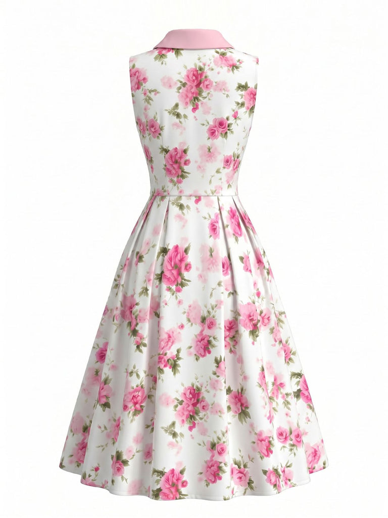 Abito Svasato Senza Maniche con Revers e Bottoni Stampa Rose Rosa Anni '50 3