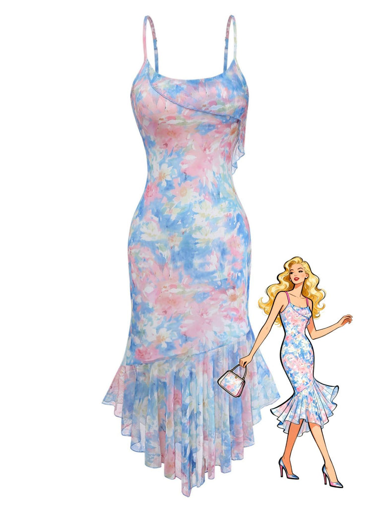 Abito a Sirena Spalline Sottili Floreale con Volant all'Orlo Blu Anni '30