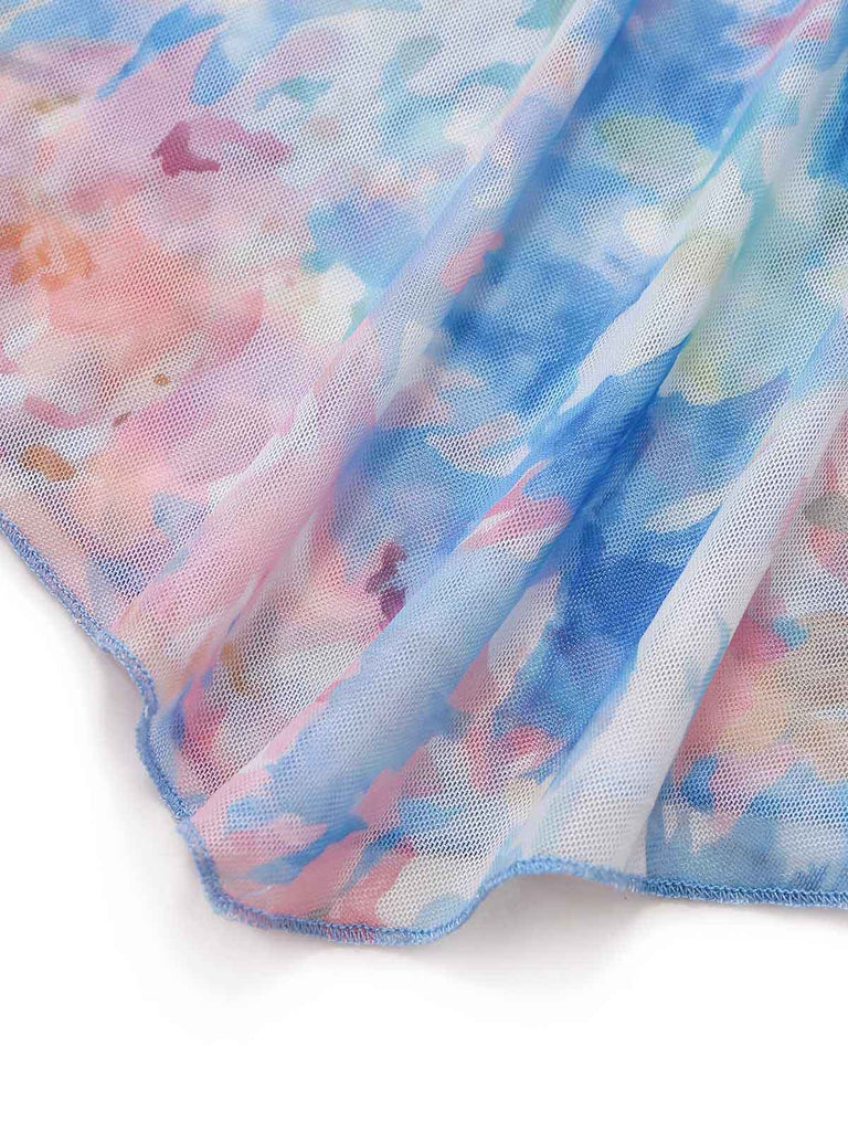 Abito a Sirena Spalline Sottili Floreale con Volant all'Orlo Blu Anni '30 8