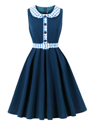 Abito Svasato Blu Navy a Quadretti Colletto Peter Pan con Cintura Anni '50