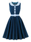 Abito a Ruota Blu Navy Anni '50 a Quadri con Colletto Peter Pan