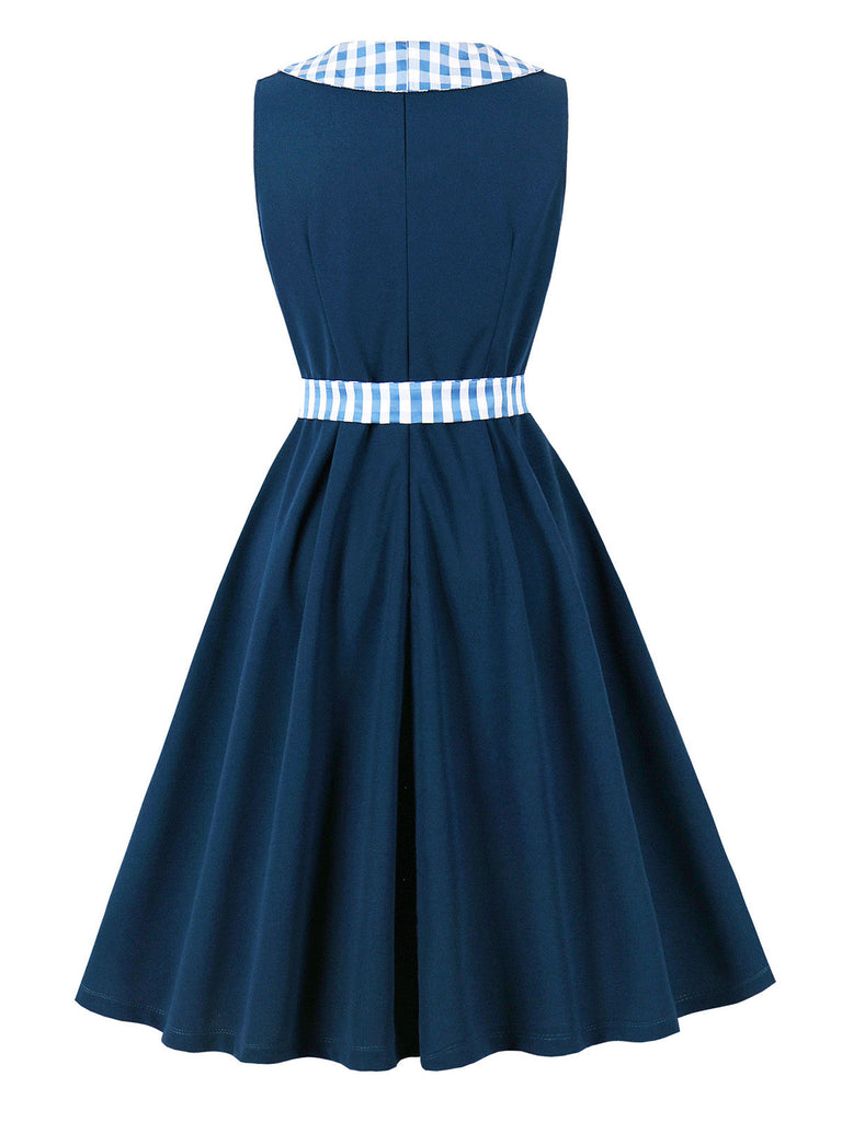 Abito Svasato Blu Navy a Quadretti Colletto Peter Pan con Cintura Anni '50 3