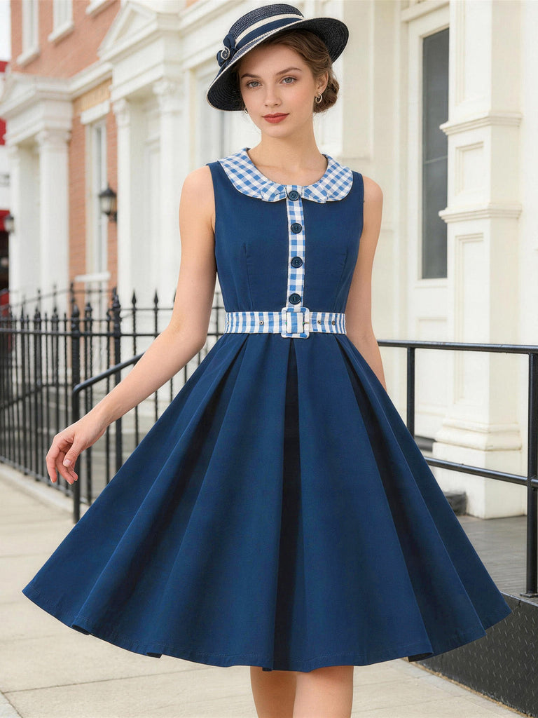 Abito Svasato Blu Navy a Quadretti Colletto Peter Pan con Cintura Anni '50 2