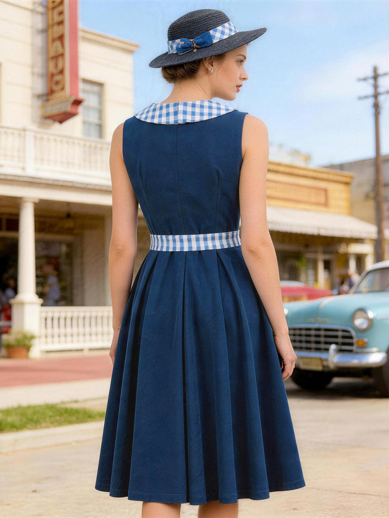 Abito Svasato Blu Navy a Quadretti Colletto Peter Pan con Cintura Anni '50 4