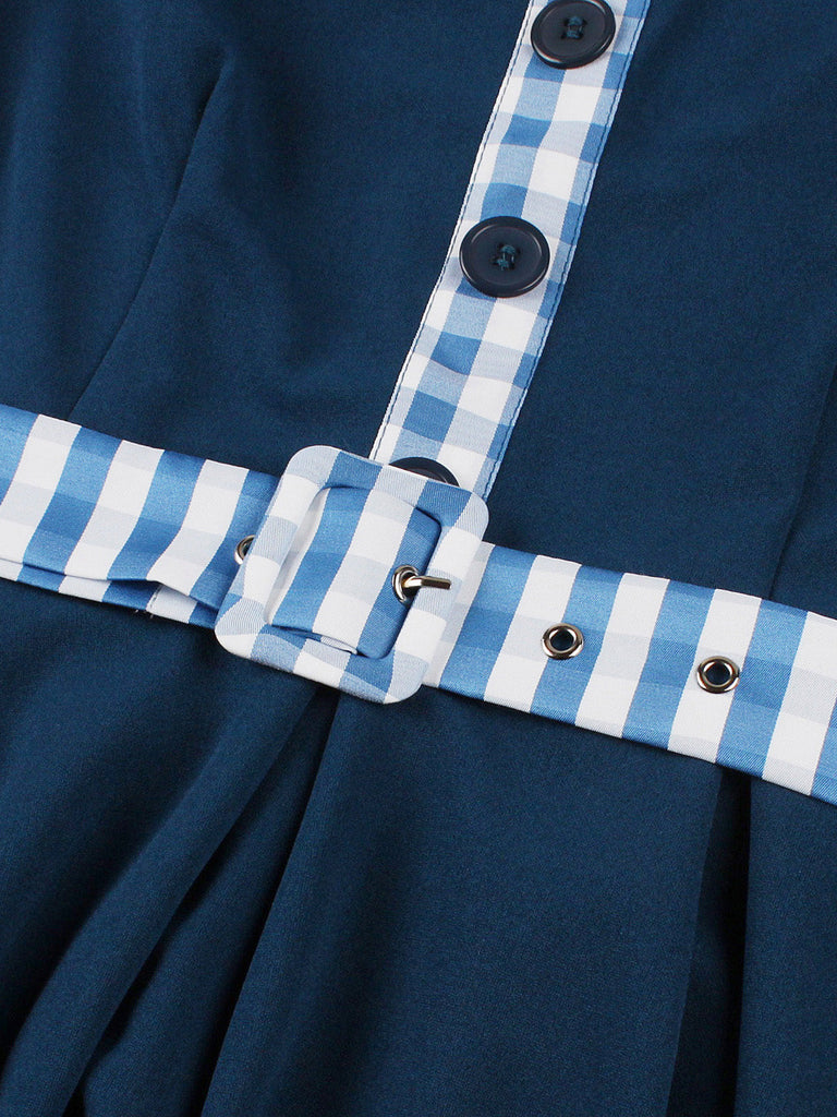 Abito Svasato Blu Navy a Quadretti Colletto Peter Pan con Cintura Anni '50 6