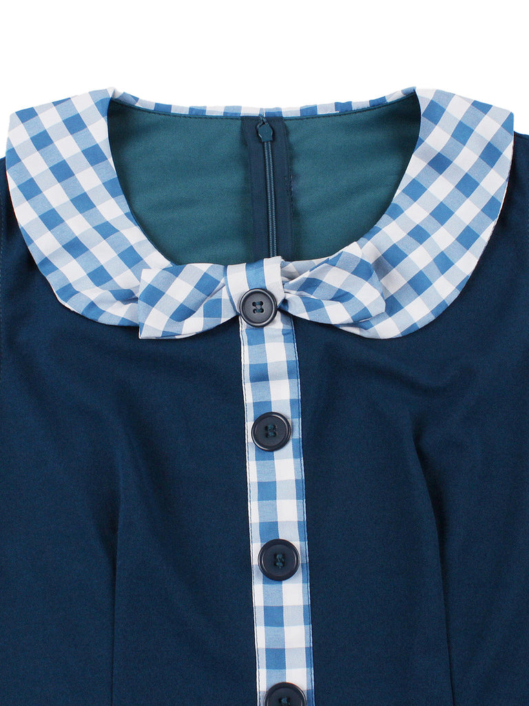 Abito Svasato Blu Navy a Quadretti Colletto Peter Pan con Cintura Anni '50 5