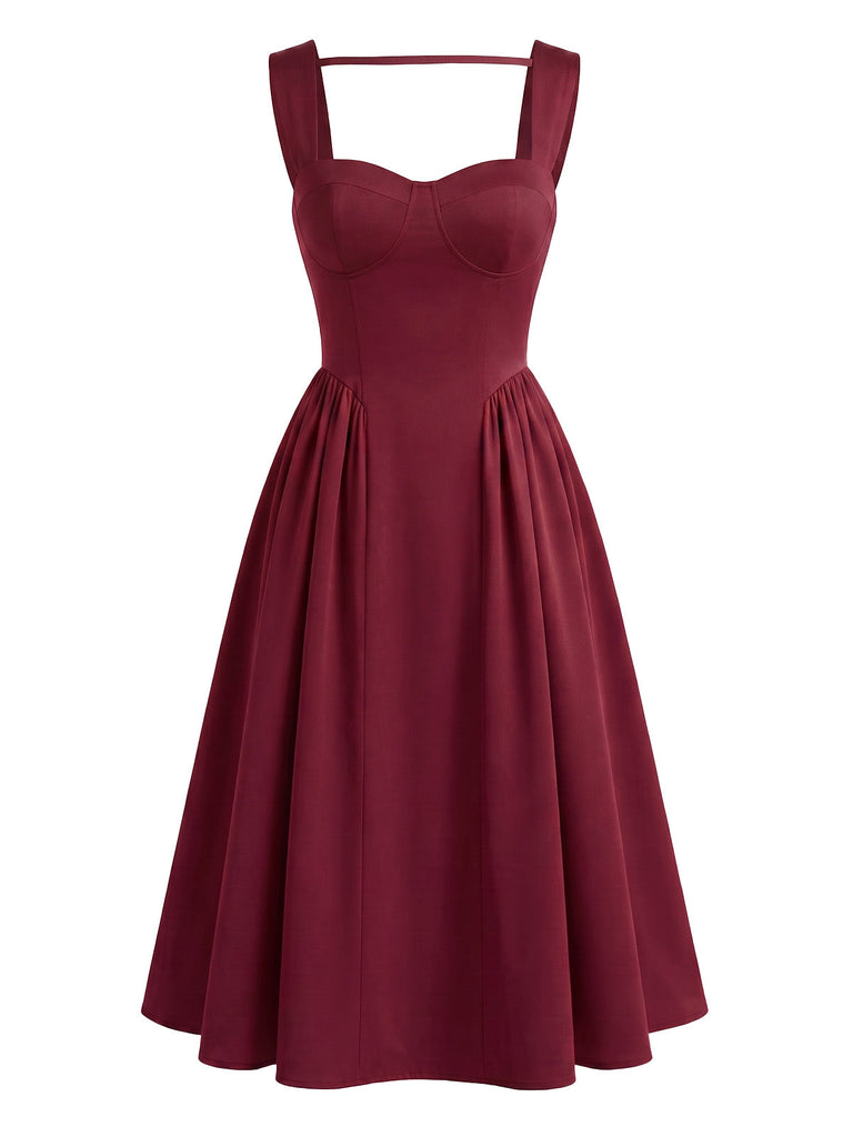 Abito Bordeaux Anni '50 Spalline Larghe Scollo a Cuore Bustier