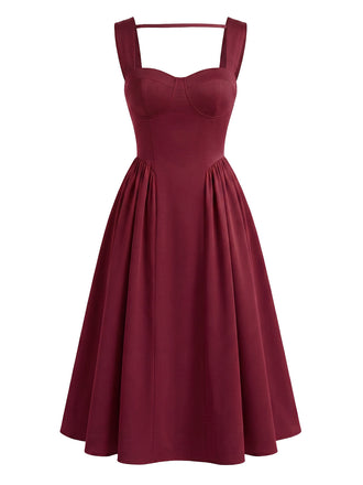 Abito Bordeaux Anni '50 Spalline Larghe Scollo a Cuore Bustier