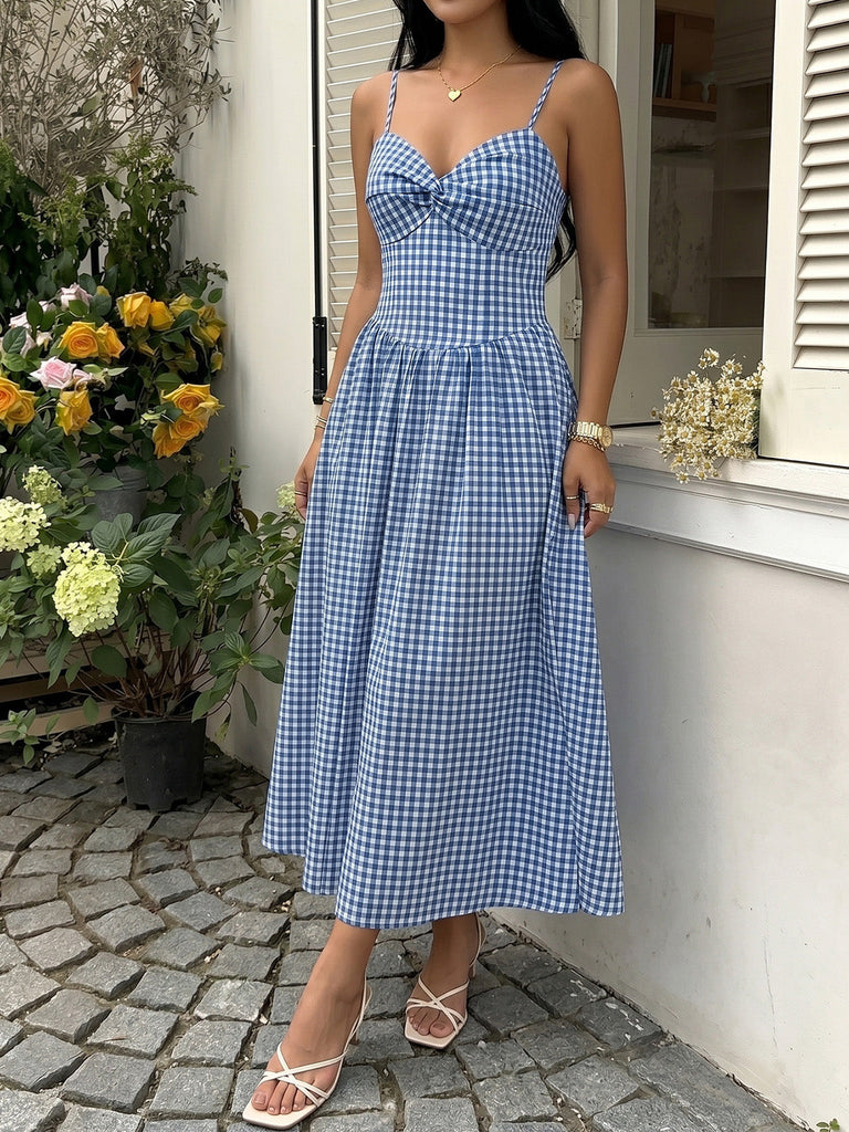 Blue 1950s Vintage Plaid Spaghetti Strap Dress 5