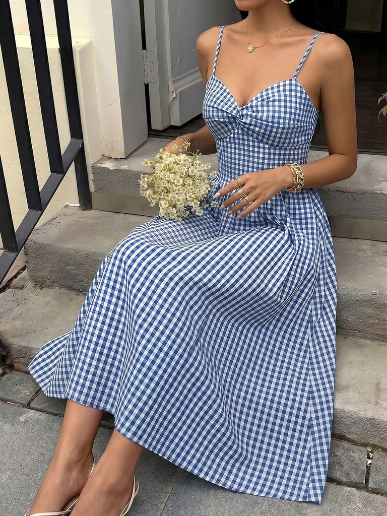 Blue 1950s Vintage Plaid Spaghetti Strap Dress 8