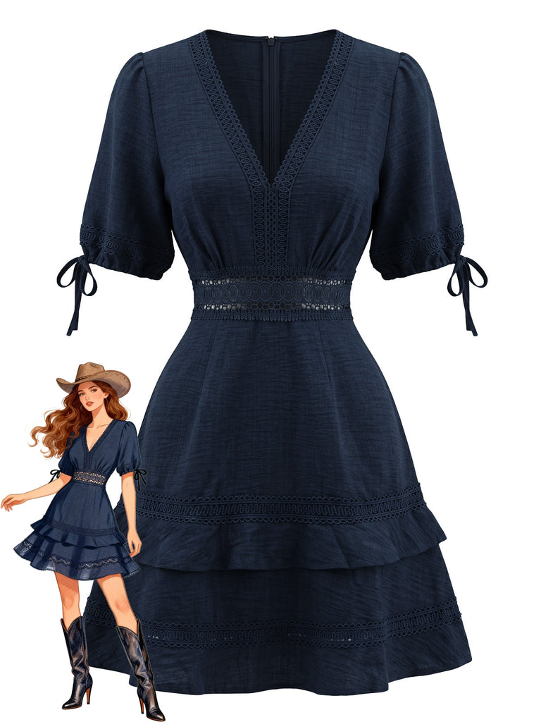 Abito Western in Pizzo a Balze con Cutout in Vita Anni '70
