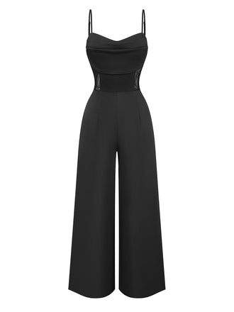 Tuta Lunga Nero Anni '50 in Pizzo Waist con Cut-out a Gamba Larga 2