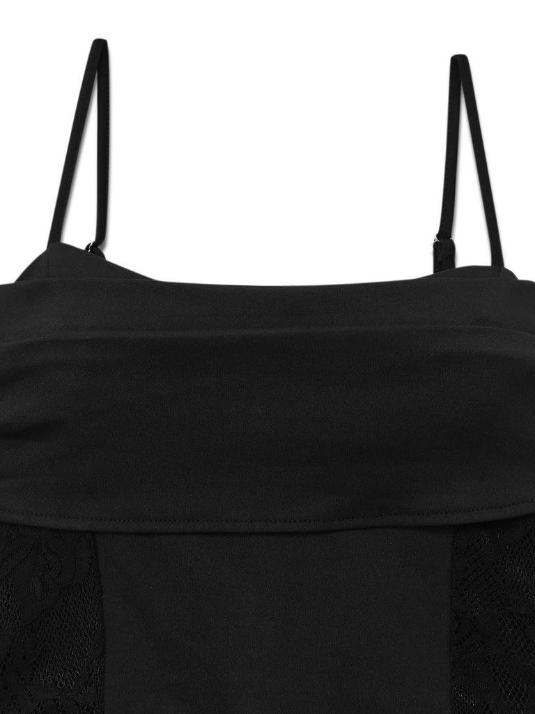 Tuta Lunga Nero Anni '50 in Pizzo Waist con Cut-out a Gamba Larga 4