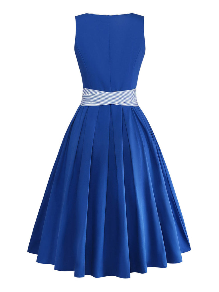 3PCS Abito Blu Scuro Anni '50 Scollo Quadrato e Floreale Grembiule e Top in Pizzo 5