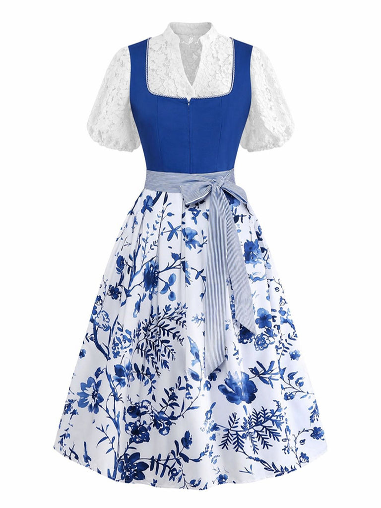 3PCS Abito Blu Scuro Anni '50 Scollo Quadrato e Floreale Grembiule e Top in Pizzo 2