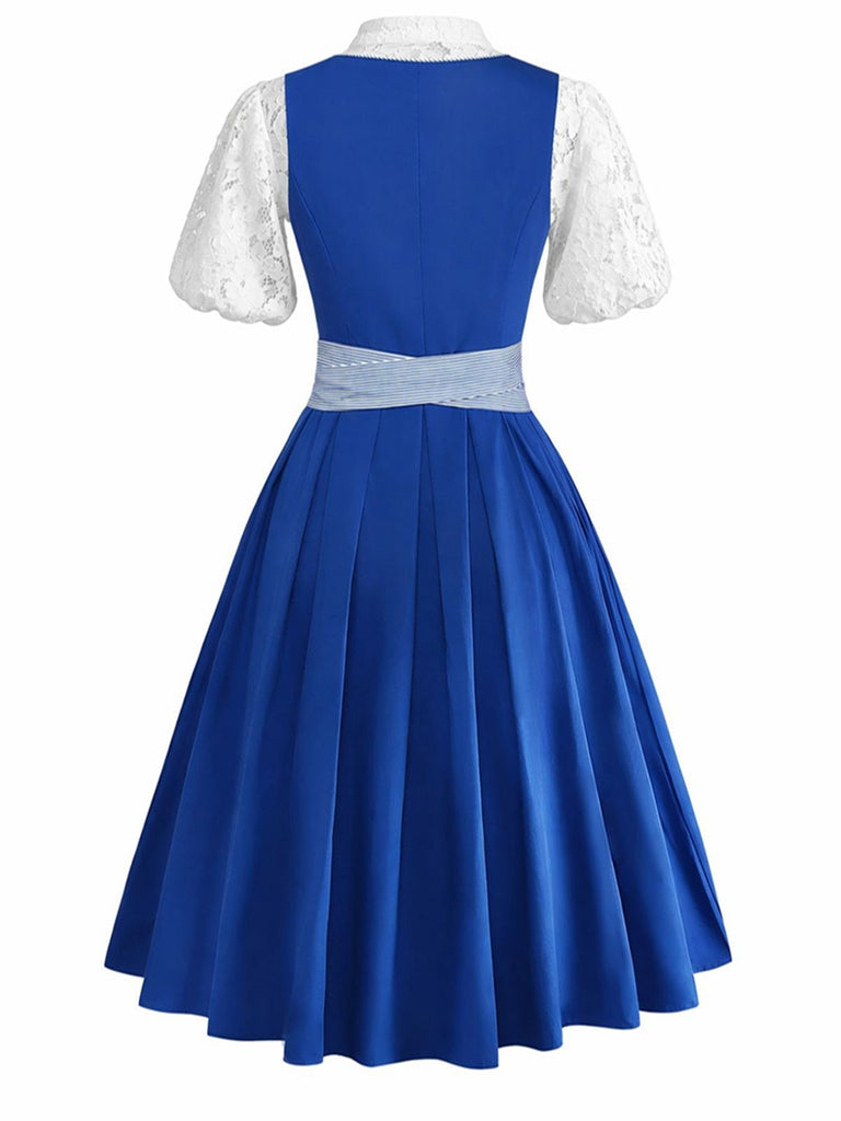 3PCS Abito Blu Scuro Anni '50 Scollo Quadrato e Floreale Grembiule e Top in Pizzo 3