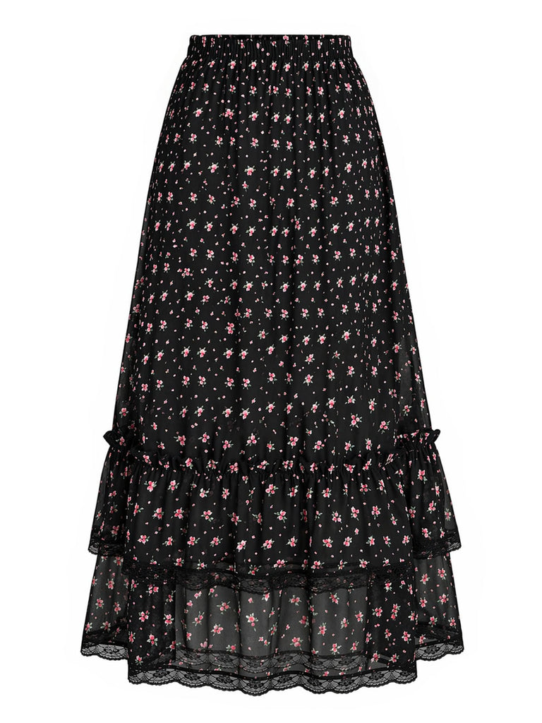 [Prevendita] Gonna a Balze a Piccoli Fiori in Pizzo Nero Anni '50